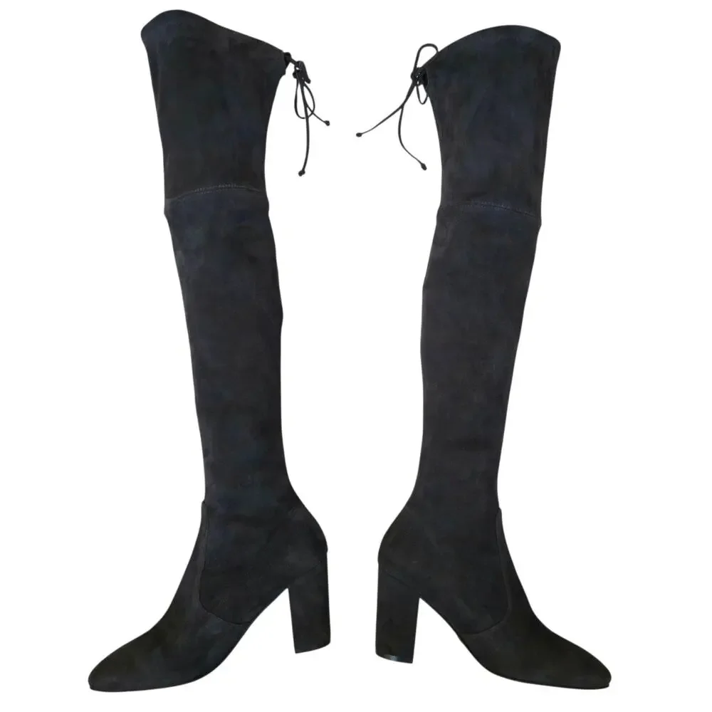 Iconic Stuart Weitzman Tieland Slate Gray Suede Over The Knee Boot 7W Thigh ASO
